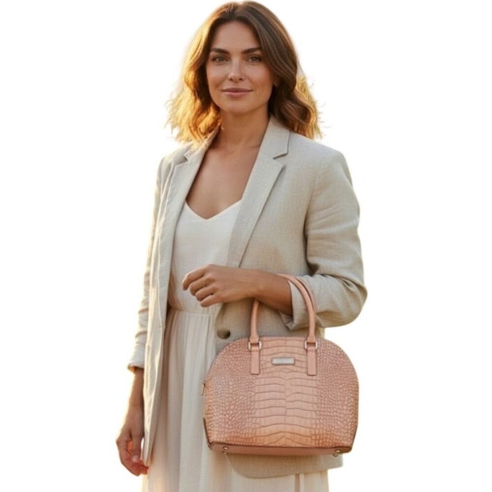 London Fog Handbag 11" NUDE Beige Croc Embossed Vegan Leather Preppy Elegant